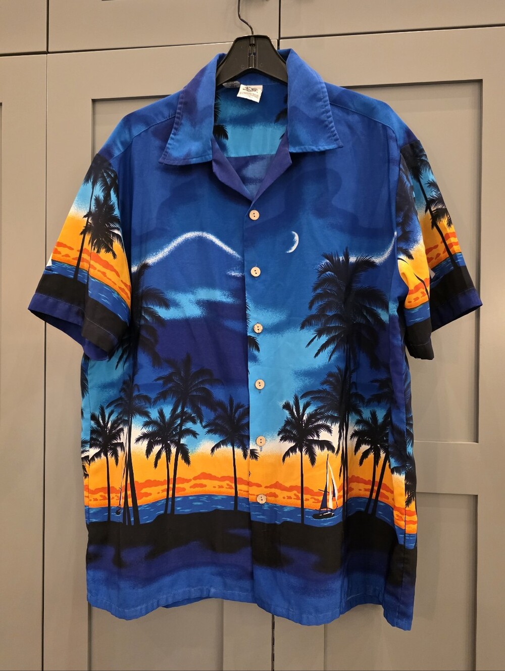 Kennington California Palm Trees Ocean Sailboat Hawaiian Button Shirt Men's XL